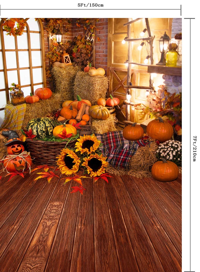 CapiSco 5X7FT Fall Thanksgiving Halloween Photo Backdrop Pumpkin Vinyl Background Wooden Floor Barn Autumn Pumpkins Maple Leaves Sunflower Backdrop for Kids Parties Family Portrait Backdrop SCO195A - Image 4